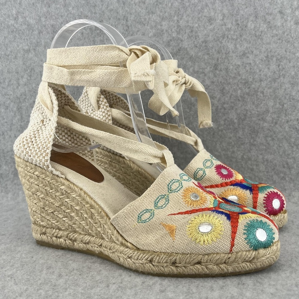 Andre Assous Espadrille Sandals Womens 6.5 Wedge Embroidered Ankle‎ Tie Summer